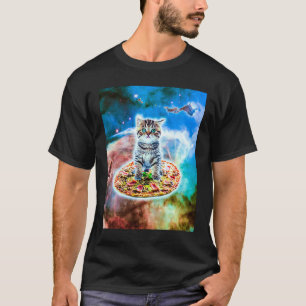 Galaxie Kitty Katze Reitet Pizza Im Weltraum T-Shirt