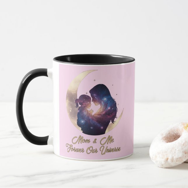 Galaxie Mama & Kind Silhouette Mond Kunst Tasse (Mit Donut)