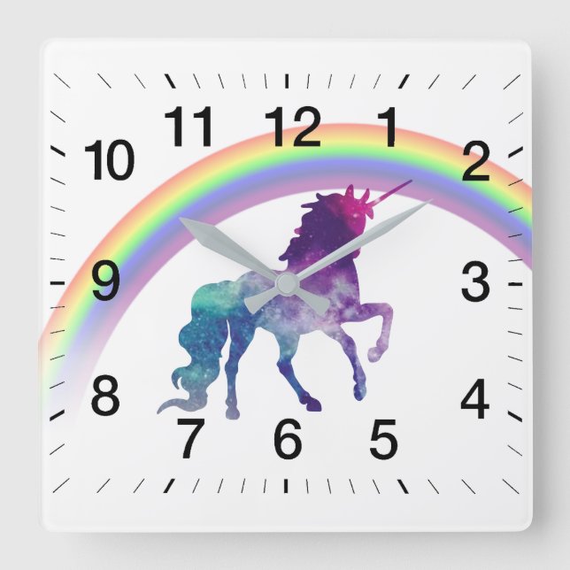 Galaxie-RaumWatercolorUnicorn und hübscher Quadratische Wanduhr (Vorderseite)