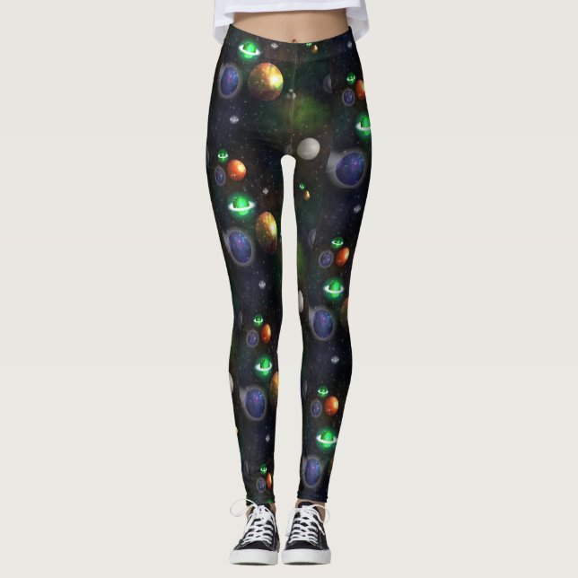 Galaxie und Planeten auf schwarzem Hintergrund Leggings (Vorderseite)
