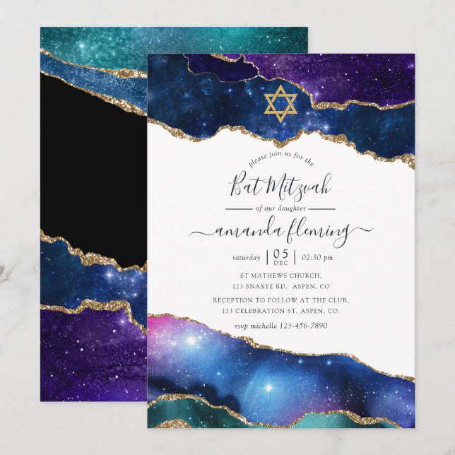 Galaxy Achat Bat Mitzvah Einladung (Vorne/Hinten)