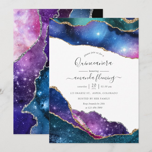Galaxy Agate Quinceañera Einladung (Vorne/Hinten)
