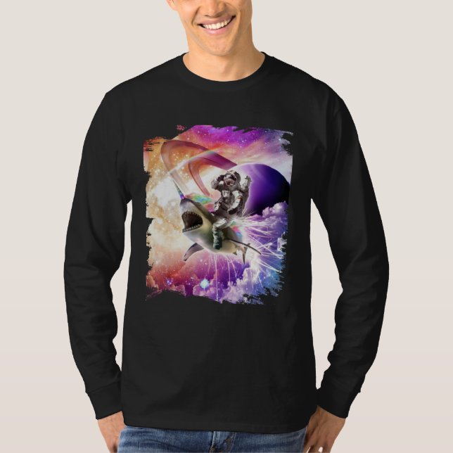 Galaxy Astronaut Cat Riding Rainbow Shark Unicorn T-Shirt (Vorderseite)