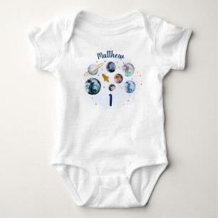 Galaxy Blue Gold Weltraumstart Baby Strampler