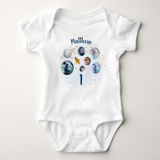 Galaxy Blue Gold Weltraumstart Baby Strampler (Vorderseite)