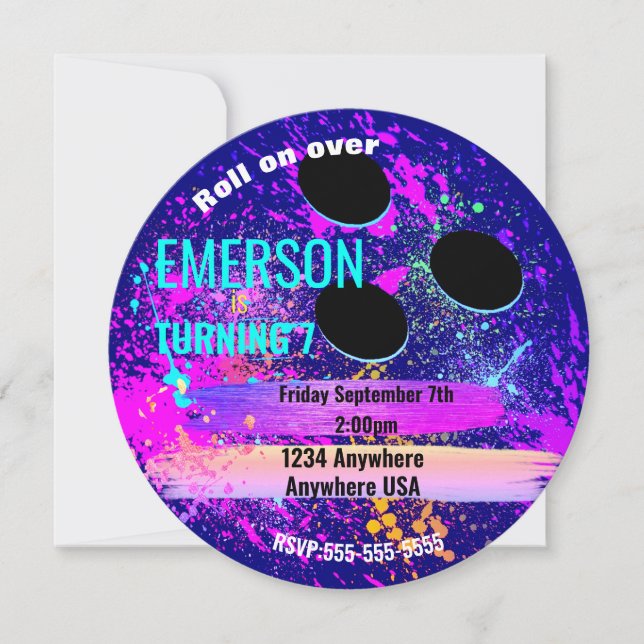 Galaxy BOWLING BALL, Bowling, Glow Geburtstagspart Einladung (Vorderseite)