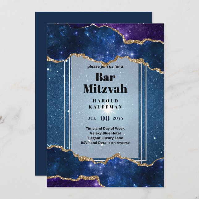 GALAXY Boys BAR MITVAH AGATE Blue Einladung (Vorne/Hinten)