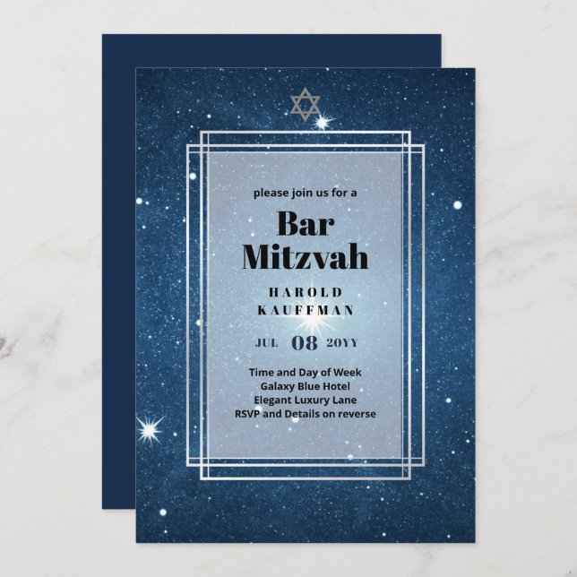 GALAXY Boys BAR MITVAH Space Blue Einladung (Vorne/Hinten)