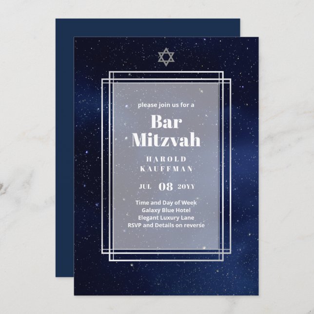 GALAXY Boys BAR MITVAH Space Blue Einladung (Vorne/Hinten)