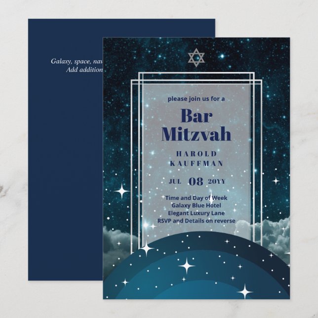 GALAXY Boys BAR MITVAH Space Blue Einladung (Vorne/Hinten)