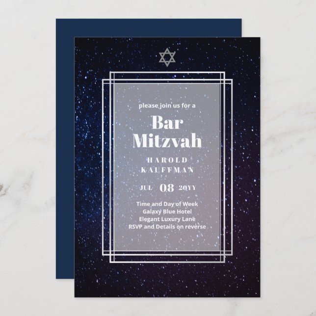 GALAXY Boys BAR MITVAH Space Blue Einladung (Vorne/Hinten)