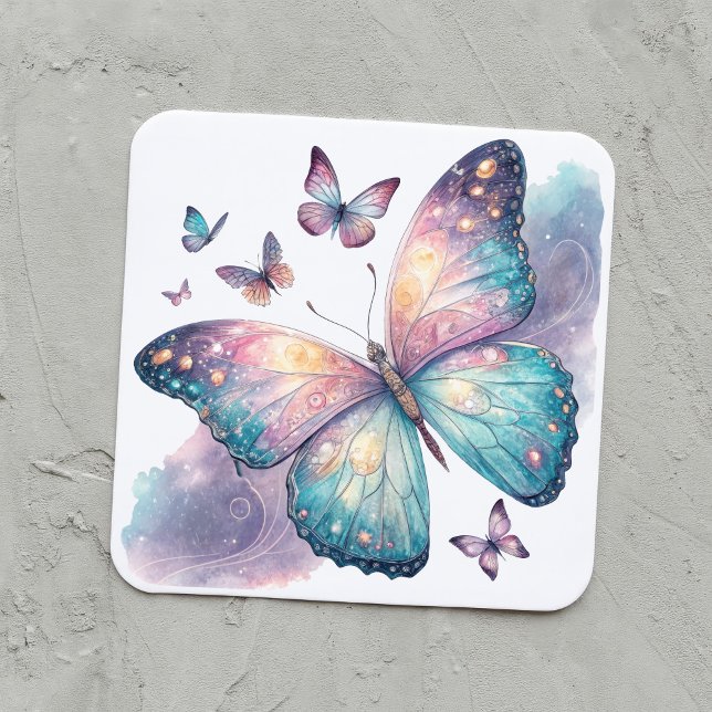 Galaxy Butterfly with Pastel Celestial Wings  Quadratischer Aufkleber (Von Creator hochgeladen)