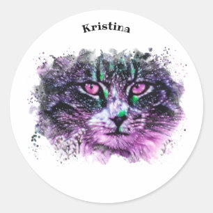 Galaxy Cat Lila Green Digital Wasserfarbe Runder Aufkleber
