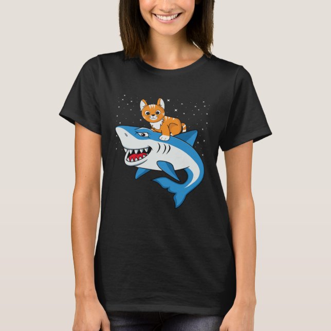 Galaxy Cat Riding Shark For Cat Astronaut Cat T-Shirt (Vorderseite)