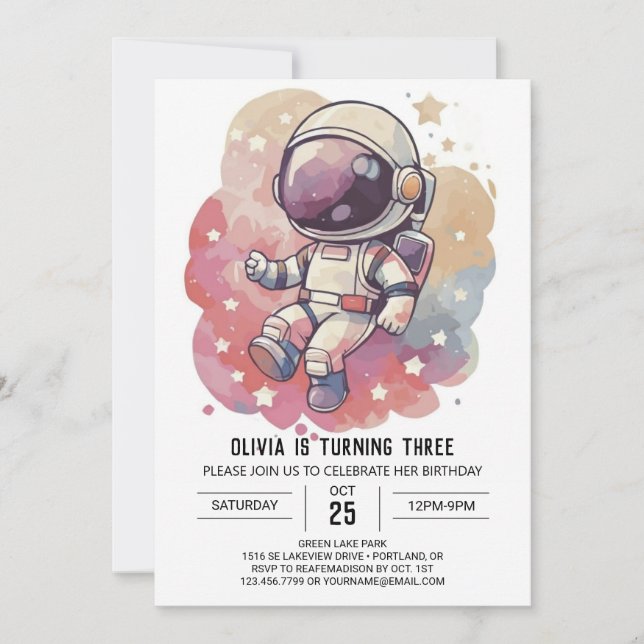 Galaxy Chic Journey Astronaut Geburtstag Einladung (Vorderseite)