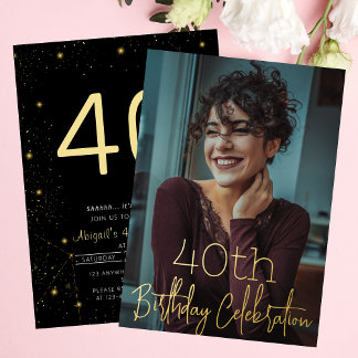 Galaxy Elegantes Foto Black Gold Geburtstagsparty Folieneinladung