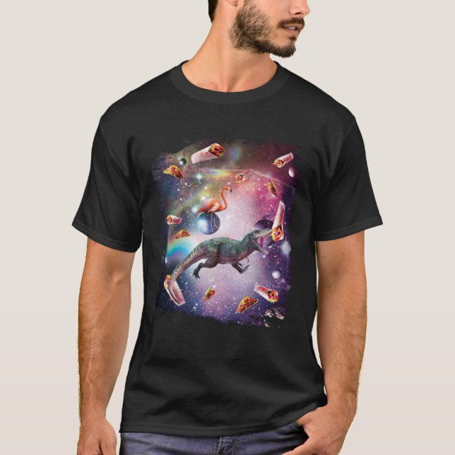 Galaxy Flamingo Riding Dinosaur In Space  Rainbow T-Shirt (Vorderseite)