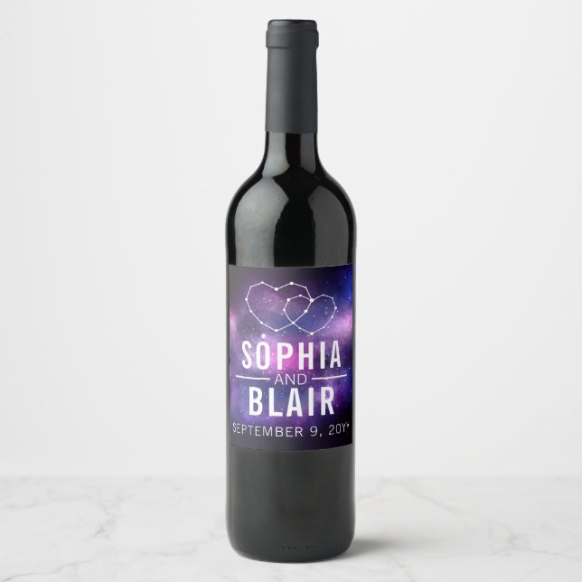 Galaxy Hearts Constellation Wedding Personalisiert Weinetikett (Vorderseite)