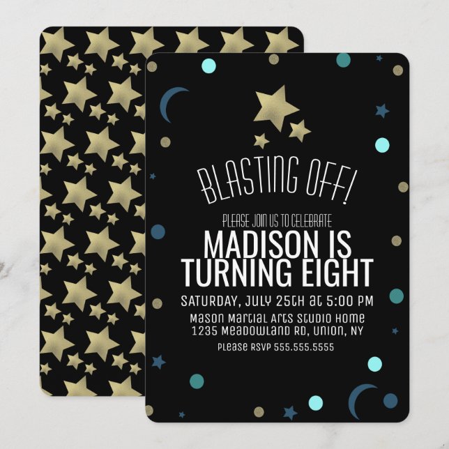 Galaxy Imitate Gold Stars Confetti Space Geburtsta Einladung (Vorne/Hinten)