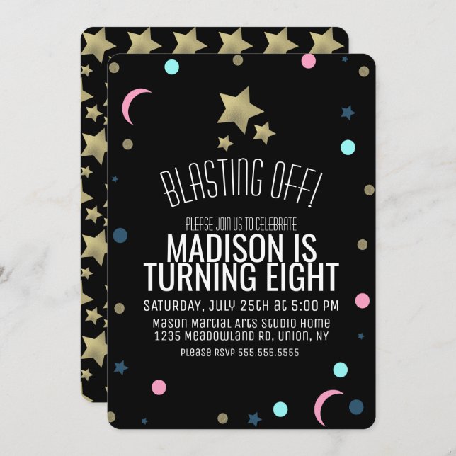 Galaxy Imitate Gold Stars Confetti Space Geburtsta Einladung (Vorne/Hinten)
