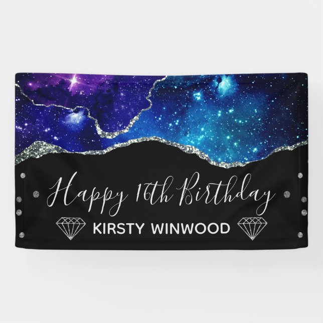 Galaxy & Imitate Silver Glitzer Agate Sweet 16 Banner (Horizontal)