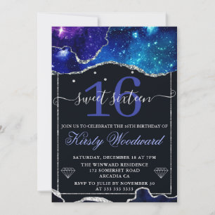 Galaxy & Imitate Silver Glitzer Agate Sweet 16 Einladung