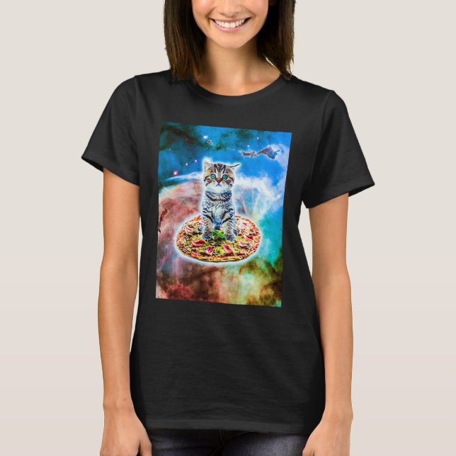 Galaxy Kitty Cat Riding Pizza In Space T-Shirt (Vorderseite)