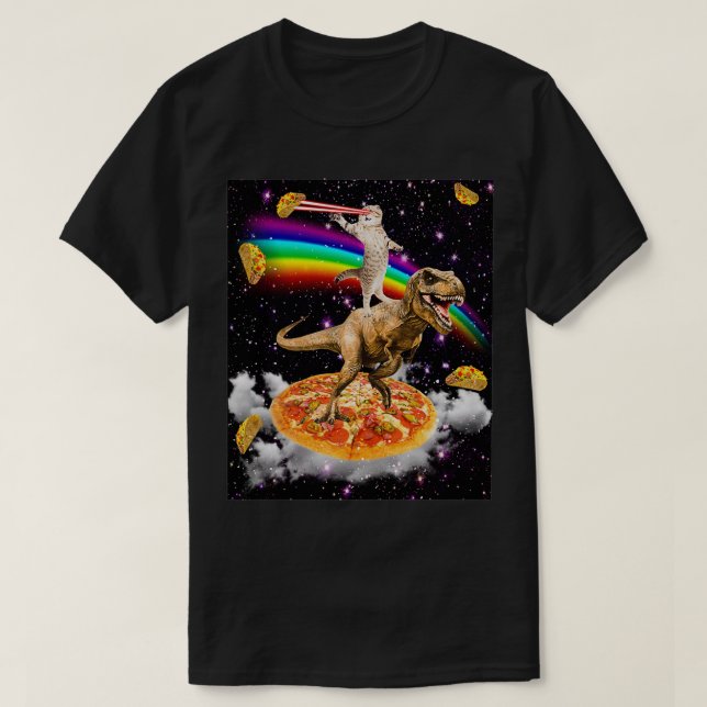 Galaxy Laser Eye Cat on Dinosaur on Pizza with Tac T-Shirt (Design vorne)
