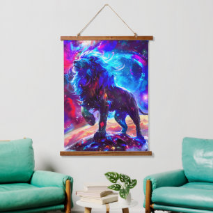 Galaxy Lion Blue Wandteppich Mit Holzrahmen