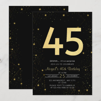 Galaxy Modern Black and Gold 45. Geburtstagsparty Einladung