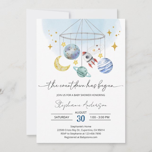 Galaxy Outer Space Blaue Babyparty Einladung (Vorderseite)