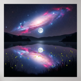 Galaxy Over Moonlit Lake with Cosmic Reflection Poster