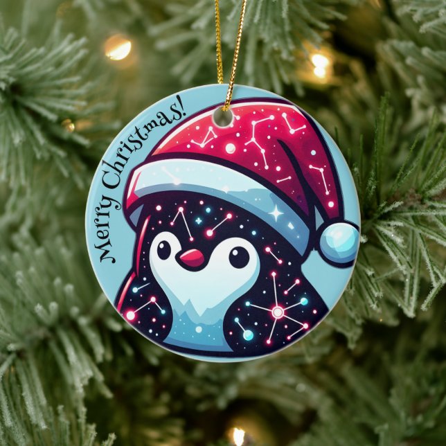 Galaxy Penguin | Cosmische Weihnachtsdekoration de Keramik Ornament (Baum)