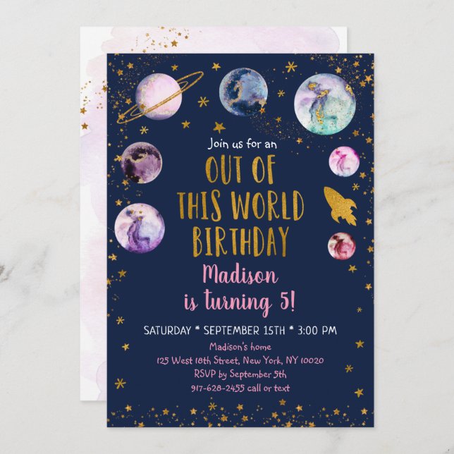 Galaxy Pink Gold aus dieser Welt Geburtstag Einladung (Vorne/Hinten)