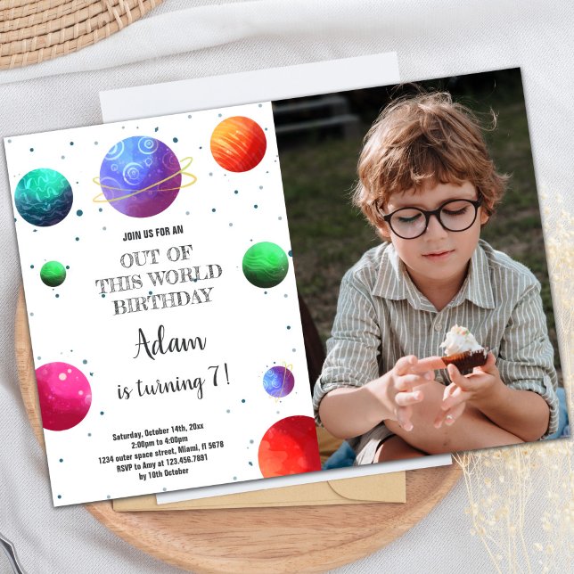 Galaxy Planets Geburtstagseinladung mit Foto Einladung (Galaxy Planets Birthday Invitations with photo)