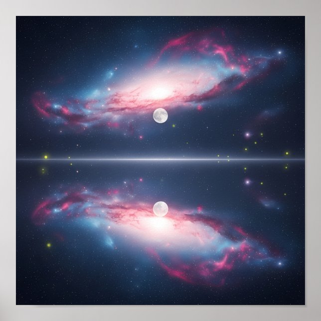 Galaxy Reflection Under Moonlit Cosmic Sky Poster (Vorne)