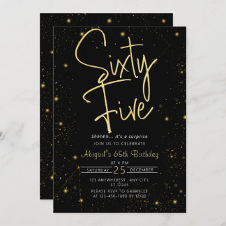Galaxy Script Black und Gold 65. Geburtstagsparty Einladung