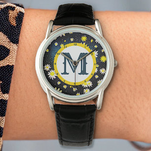 Galaxy Sky Daisy Blume Monogram Letter Dark Blue Armbanduhr