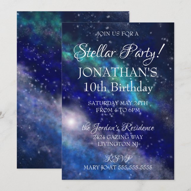 Galaxy Sky Stellar Birthday Party Einladung (Vorne/Hinten)