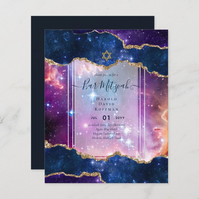 Galaxy Starry Night BAR MITZVAH Einladung blau (Vorne/Hinten)