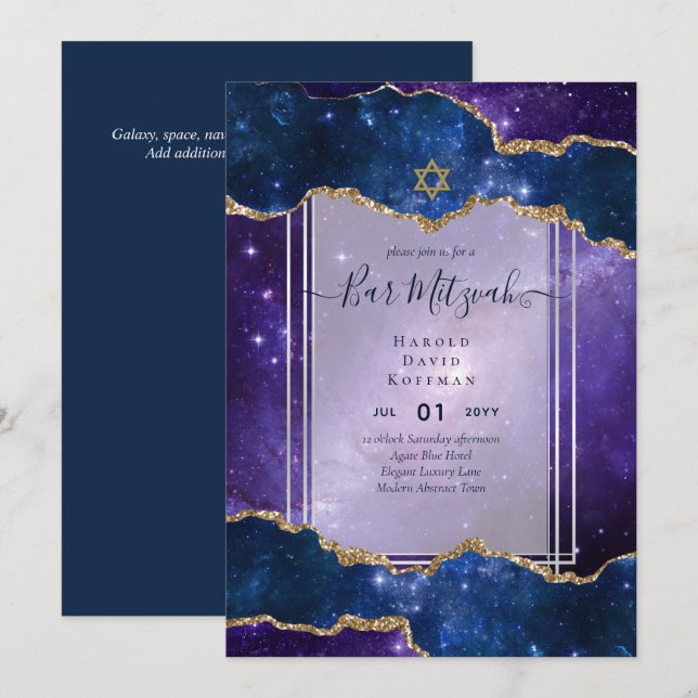 Galaxy Starry Night BAR MITZVAH Einladung blau (Vorne/Hinten)