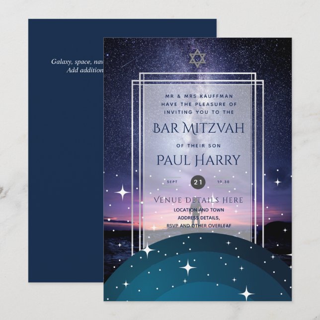 Galaxy Starry Night BAR MITZVAH Einladungen Marine (Vorne/Hinten)