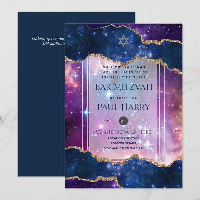 Galaxy Starry Night BAR MITZVAH Einladungen Marine (Vorne/Hinten)