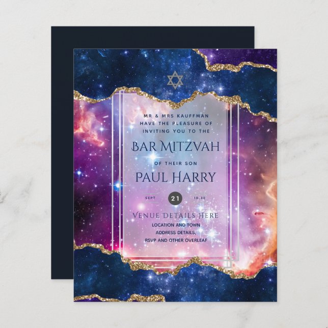 Galaxy Starry Night BAR MITZVAH Einladungen Marine (Vorne/Hinten)