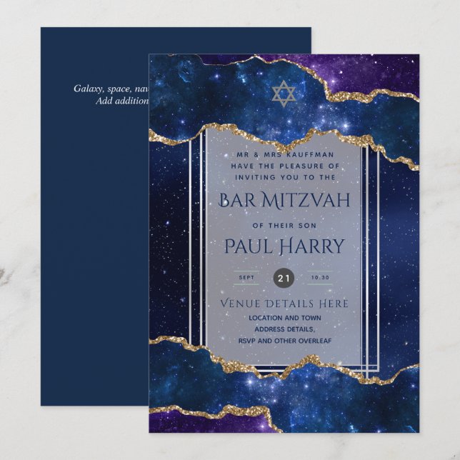 Galaxy Starry Night BAR MITZVAH Einladungen Marine (Vorne/Hinten)