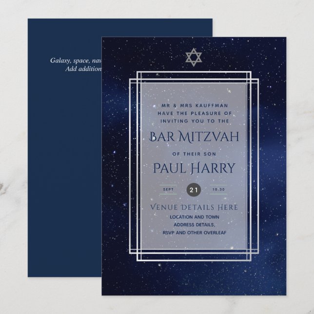 Galaxy Starry Night BAR MITZVAH Einladungen Marine (Vorne/Hinten)