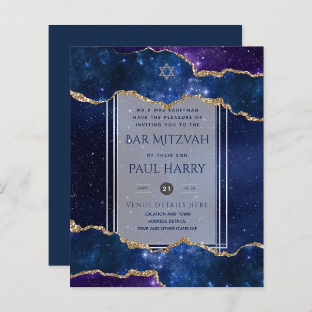 Galaxy Starry Night BAR MITZVAH Einladungen Marine (Vorne/Hinten)