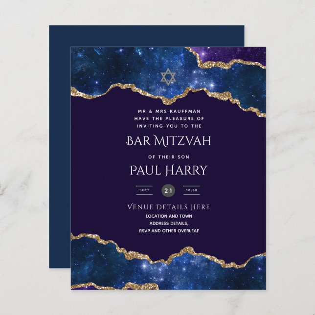 Galaxy Starry Night BAR MITZVAH Einladungen Marine (Vorne/Hinten)