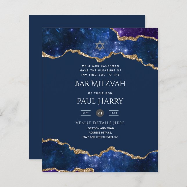 Galaxy Starry Night BAR MITZVAH Einladungen Marine (Vorne/Hinten)