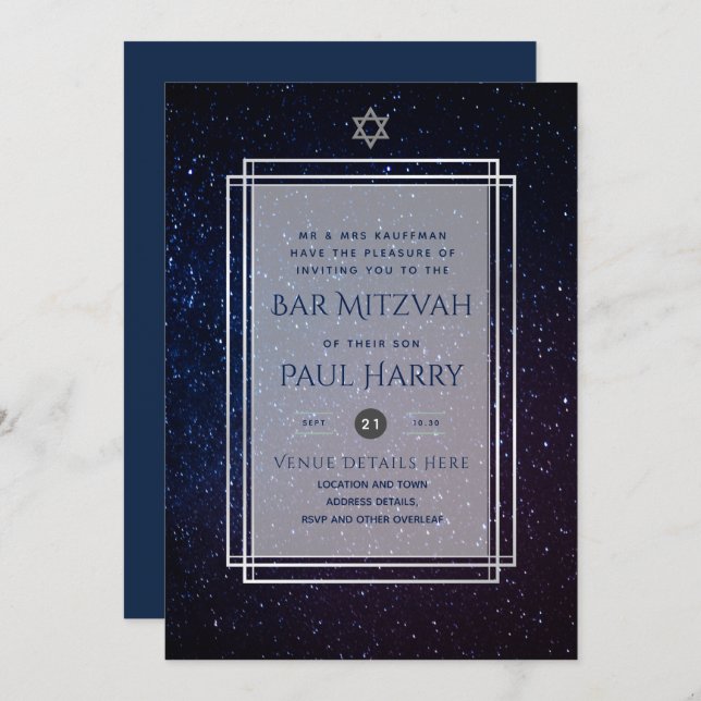 Galaxy Starry Night BAR MITZVAH Einladungen Marine (Vorne/Hinten)